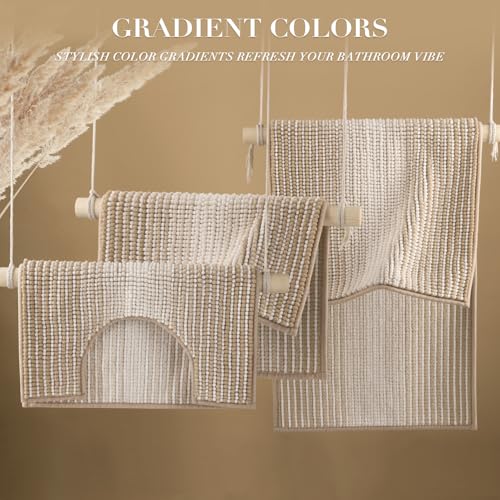 BSICPRO Bathroom Rugs Sets 3 Piece, Toilet Rugs U-Shaped Contour Bath Mat Set, Long Striped Absorbent Non Slip Chenille Shower Mat, Beige - color: Beige, size: 20"x47"+16"x24"+ U Shape 20"x24"