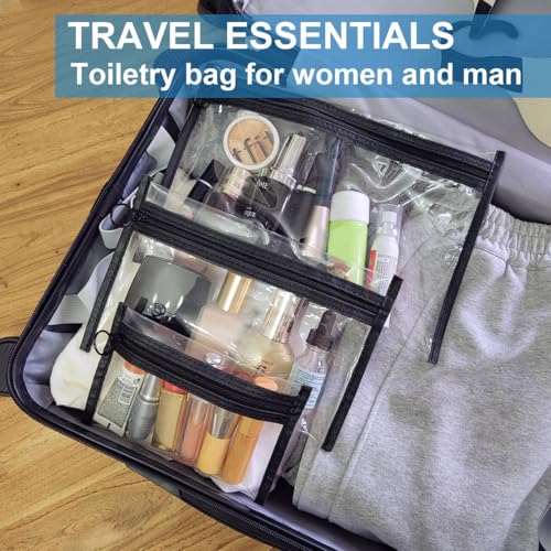 Clear Toiletry Bags with Loop Zipper, 3 Assorted Sizes PVC Cosmetic Pouches, Large Medium Small Travel Makeup Storage Organizer for Men Women