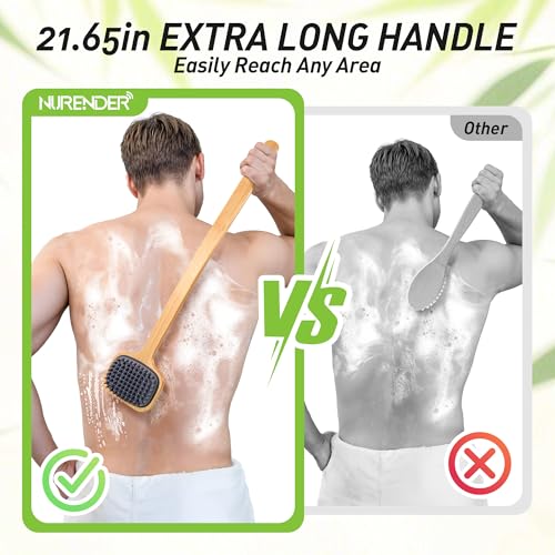 NURENDER Dual-Sided Back Scrubber for Shower, 21.65'' Long Handle Back Brush, Soft Silicone for Sensitive Skin, Dry Brushing & Back Cleansing, Dry Quickly Body Bath Brush for Men, Women, Elderly - size: 21.65 Inch