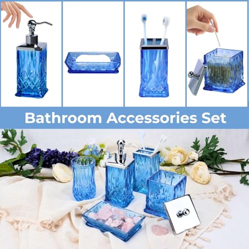 Bathroom Accessories Set,5 Pcs Blue Glass Bathroom Accessory Set,Complete Lotion Soap Dispenser, Toothbrush Holder,Soap Dish,Tumbler & Jar,Modern Bathroom Decor Sets Gift,Square - style: Square(Blue)