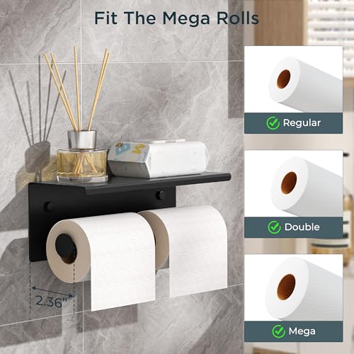 FORIOUS Double Toilet Paper Holder with Shelf, Wall Mount Tissue Roll Holder for Bathroom, 304 Stainless Steel Commercial Toilet Tissue Dispensers with Phone Shelf (1, Matte Black) - color: Matte Black