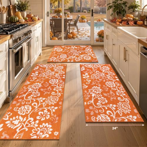 LOKHOM Fall Kitchen Rugs Sets of 3, Non Slip Orange Kitchen Mats for Floor | High-Low Textured Kitchen Rug Set with Rubber Backing, Paisley Floral Washable Carpet Runner for Hallway Sink(Orange & White) - color: Orange, size: 24"x35"+24"x48"+24"x60"