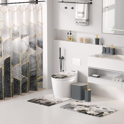 XLHOMO Bathroom Set - 26PC Bathroom Set with Shower Curtain and Rugs, Bathroom Accessory Set, Grey Bathroom Accessories Set, Trash Can & Soap Dispenser - style: Grey&Gold