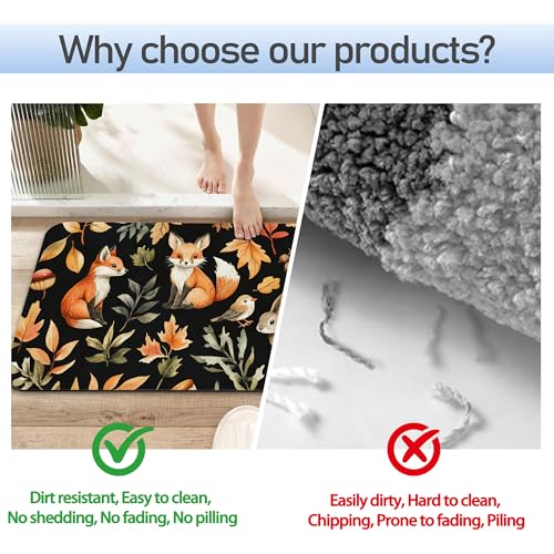Retro Fox Bathroom Rug 29.5"x17",Leaves Quick-Drying Super Absorbent Diatomite Bath Mat with Non-Slip Backing, Thin Washable Bathroom Floor Mat Fits Under Door for Shower, Sink, or Tub - color: Retro Fox Leaves