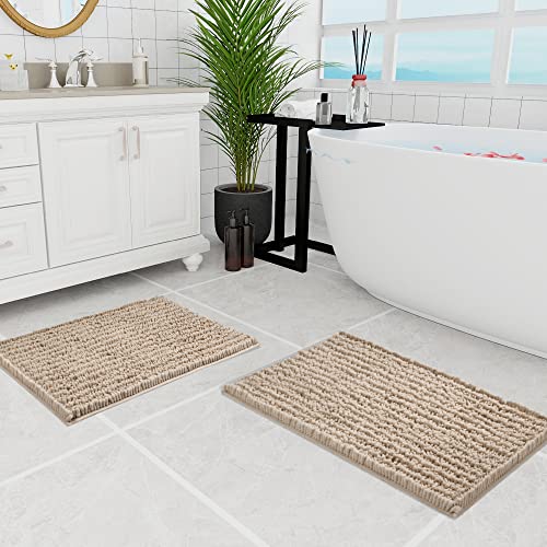 Walensee Bathroom Rug 2 Pieces Set Non Slip Bath Mat (20"x32" Plus 20"x32" Beige) Water Absorbent Super Soft Shaggy Chenille Machine Washable Dry Extra Thick Perfect Carpet for Shower Floor - color: Beige, size: 20"x32" plus 20"x32"
