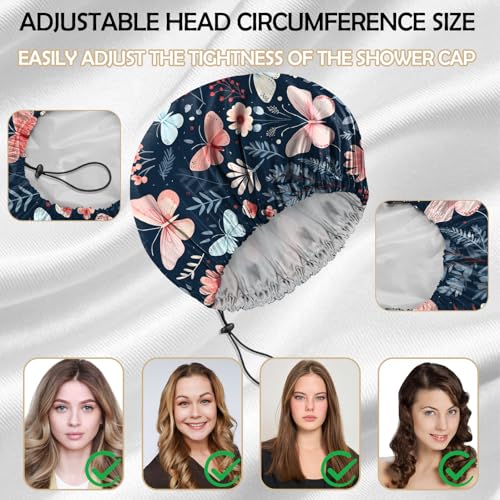 2 PCS Shower Cap Reusable Waterproof Adjustable Double Layer Elastic Dry Hair Bathing Caps Aesthetic Cute for Women Girls-Butterfly Flower - color: H-16-Butterfly Flower