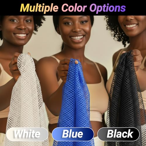 African Net Sponge Authentic 3 Pieces Gentle Exfoliating Body Scrubber Bath Sponges for All Skin Types, African Exfoliating Net Sponge with Handles Washcloth Loofah Bathing Accessories for Shower - style: Black, White, Blue