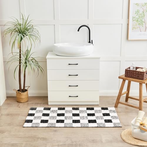 CozeCube Bath mats for Bathroom Non Slip, Fluffy Absorbent Microfiber Bath mat Washable, Aesthetic Bathroom Rugs, Cute Jet Black Checkered Bath mat, Jet Black, 32" x 20" - color: Checkered-jet Black, size: 2'8" x 1'8" (Rectangular)