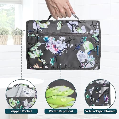 PAVILIA Hanging Toiletry Bag for Women Men, Large Foldable Toiletries Organizer with Hook, Water-Resistant Makeup Cosmetic Rollup Case, Clear Pockets for Bathroom, Gym, Cruise (Floral Grey) - color: Grey Floral