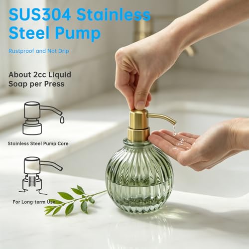 Round Bathroom Soap Dispenser Green Bottle Brushed Gold Pump, Stainless Steel Pump Liquid Soap Dispenser Sphere Countertop Hand Kitchen - color: Green and Brushed Gold Pump, size: 11oz-Round