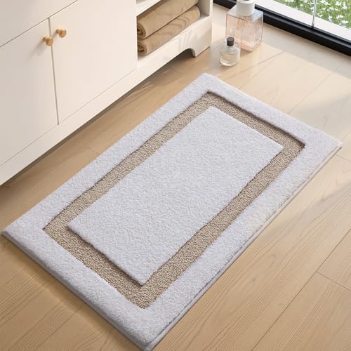 Color&Geometry Extra Soft Absorbent Microfiber Bath Rugs, Non-Slip Bathroom mat, Small Washable Plush Bath Mats for Bathroom, Shower, Tub, Laundry, 17x30, White and Khaki - color: B, size: 17"x30"