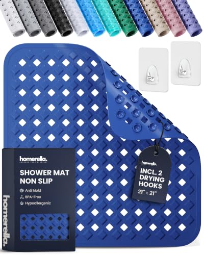 homerella® Shower Mat Non Slip Anti Mold, Non Slip Shower Mats for Inside Shower Stall Anti Slip Mat, Square Shower Floor Mat 21 x 21 in with Suction Cups & Hooks for Quick Drying, Machine Washable - color: Royal Blue