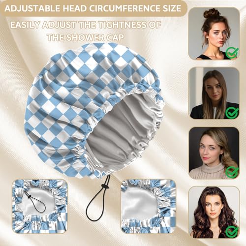 Shower Cap Adjustable Waterproof Double Layer Elastic Reusable Hair Bath Cap Cute Aesthetic for Women Girls-Checkered - color: R1-Checkered