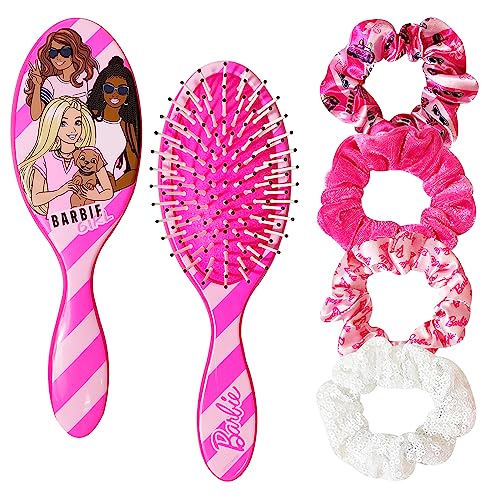 Barbie Hair Accessory 5 Pcs Set - 1 Regular 9 inch Hairbrush & 4 Scrunchies - Detangling Brush Elastic Hair Ties Ropes, Ages 3+ - color: Barbie 5 Piece Hair Accessories
