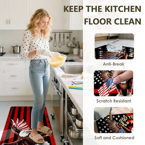 Flag Kitchen Rugs Set, Patriotic Anti-Fatigue Mats with American Flag & Eagle, 2-Piece Non-Slip Wipeable Rubber Mats, Washable Cushioned Rug for Sink Laundry, 15.7"×27.5" + 15.7"×47" - color: 250th-2, size: 15.7×27.5+ 15.7×47