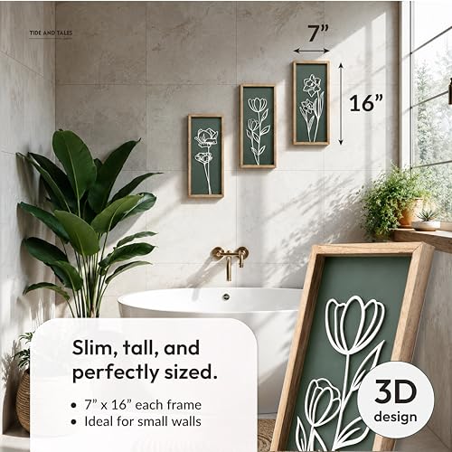 3D Floral Green Wall Art (Set of 3) Lightweight, Wooden Ready-to-Hang Boho Framed Wall Art for Bathroom, Master Bedroom, Living Room or Office - Premium Sage Green Farmhouse Decor - Gift-Boxed - color: Botanic Green, size: 7" x 16"