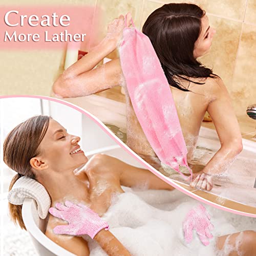 Anezus Exfoliating Shower Bath Gloves Back Scrubber Set for Body, Face, Shower, Bath, Scrub and Exfoliator (Pink) - color: Pink