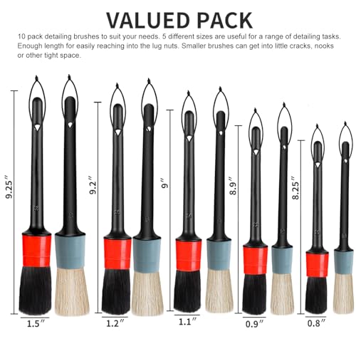 Detailing Brush Set - 10 Pcs Detail Brushes Car Detailing, Auto Boar Hair Car Detail Brush for Cleaning Car Interior Exterior, Vehicles Wheels Leather Engine Dashboard - color: Car Detail Brushes Black+gray