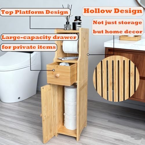 Bamboo Free Standing Toilet Paper Holder with Storage Drawer & Shelf, Slim Narrow Cabinet for Small Bathroom, Wipes Storage(Natural)