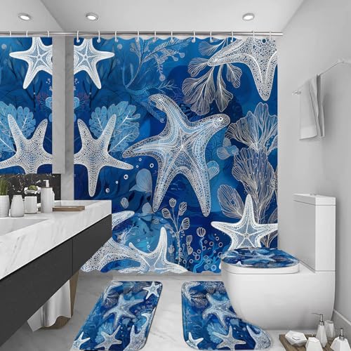 LQCOOL 4Pcs Blue Ocean Shower Curtain Set, Modern and Nautical Bathroom Sets, Starfish and Coral Decor Bathroom Sets with Shower Curtain and Rugs, Shower Curtain with 12 Hooks - color: Dark Blue