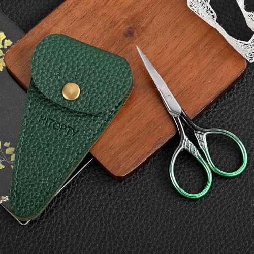 Small Sharp Scissors for Women Men Eyebrow Hair Beauty Grooming | All Purpose Tiny Travel Kit, for Beard, Moustache, Eyelash, Sewing, Embroidery, Detail Thread Paper Cutting with PU Cover - color: Dark Green