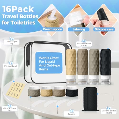 16Pack Travel Bottles for Toiletries, TSA Approved Travel Size Toiletries Containers Set, Silicone Leak Proof Refillable Bottles Elastic Sleeves Creams Jars Accessories Kit W/Clear Bag (Apricot Black) - color: Apricot Black