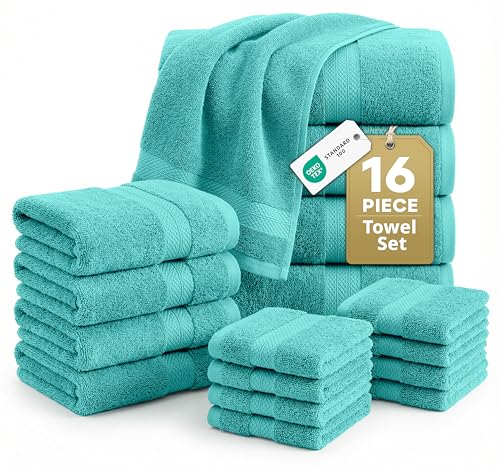 LANE LINEN 100% Cotton Bath Towel Set - 16 Pieces - Softer, Durable & Highly Absorbent - 4 Bath, 8 Wash cloths, 4 Hand Towels for Bathroom - Family Set, Premium Quality & OEKO-TEX Certified - Teal - color: 09: Teal