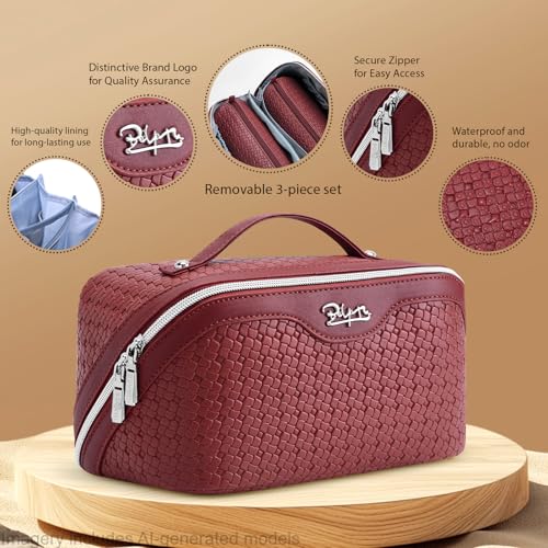 BOYATU Travel Makeup Bag Cosmetic Bags for Women: Large Capacity 3 Pcs Set Make up Bag with Compartments - Waterproof Vegan Leather Toiletry Organizer Bags with Handle (L52Burgundy) - color: L52Burgundy