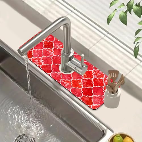 Watercolor Moroccan Marbled Kitchen Sink Splash Guard Faucet Mat Red Tiles Super Absorbent Fast Drying Mat Sink Splash Guard Behind Faucet for Kitchen Bathroom, 15.5"x5.5"