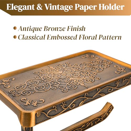 SOUJOY 2 Pack Vintage Toilet Paper Holder with Shelf, Bathroom Tissue Roll Hanger, Anti-Rust Aluminum Wall Mount Toilet Paper Dispenser with Storage Rack for Phone, Wipes, Soap, Antique Bronze