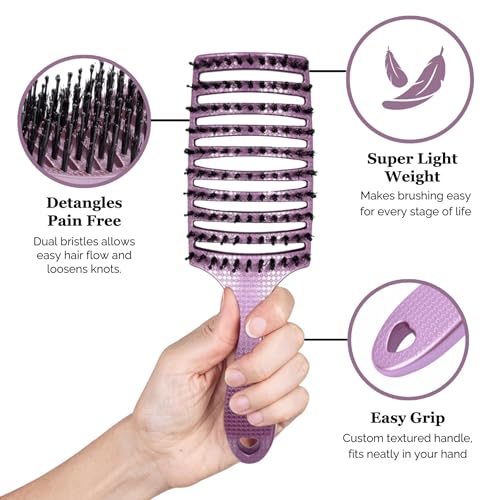 HAPPY HAIR BRUSH Happy Detangler Paddle Brush with Boar Bristles & Nylon Pins | Designed by Women to Detangle & Smooth Thick, Fine or Curly Hair | Pain-Free Slick Back Brush, Lightweight (Lavender) - color: Lavender