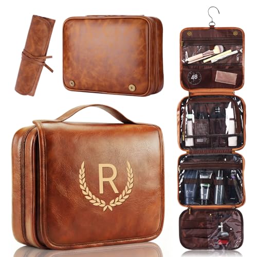 OXYEFEI Personalized Hanging Travel Toiletry Bag Gift for Men,Engraved Initial PU Leather Mens Large Toiletry Travel Essential Organizer Dopp Kit Shaving Bag for Him Birthday (R, Light Brown) - style: R