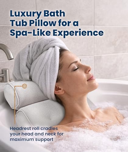 Everlasting Comfort Luxury Bath Pillows for Tub with Head and Neck Support - Non-Slip Bathtub Pillow with Suction Cups, Quick-Drying Mesh & Drying Hook - Jacuzzi & Spa Accessories for Women - White - color: White, size: Standard