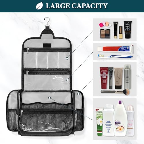 PAVILIA Large Hanging Toiletry Bag for Women Men, Travel Cosmetic Organizer with 10 Compartments, Swivel Hook and 3 Leakproof Pockets, Water Resistant Makeup Case, Packs Flat, Black - color: Black