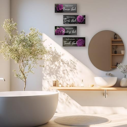 ONIZHITY 4pcs Purple Bathroom Decor Religious Wall Art Bible Verse Inspirational Rose Wall Decor Rustic Wooden Christian Sign for Home, Bathroom, Office, Bedroom, Living Room, Kitchen (10x4) - color: Purple Rose