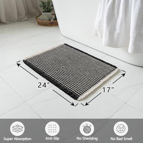 MIULEE Set of 2 Waffle Bathroom Rugs, Boho Bath Rugs Non Slip Washable, Super Absorbent Bath Mats, Ultra Soft Rubber Backed Shower Mats for Bathroom Floor, Tub and Shower, Black & Cream, 17x24 Inch - color: Black & Cream, size: 17''x24''