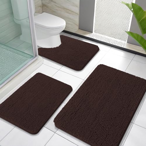 OLANLY Bathroom Rugs Sets 3 Piece, Soft Absorbent Chenille Bath Mats and U-Shaped Contour Toilet Rug, Quick Dry, Home Decor Accessories, Bath Mat Set for Bathroom (30"x20"+24"x16"+24"x20", Brown) - color: Brown, size: 30" X 20" + 24" X 16" + U24" X 20"