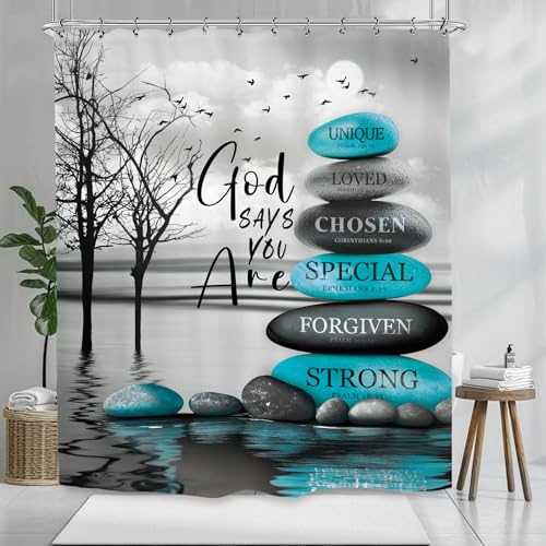 Teal Zen Spa Shower Curtain 60Wx72L Inch Quotes Meditation Inspirational Motivational Bible Positive Bathroom Set Accessories Decor with 12 Pack Hooks - color: Teal Zen, size: 60"W x 72"L (Pack of 1)