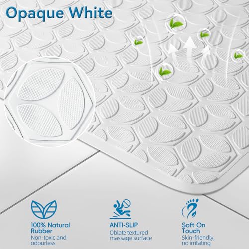Bathtub Mat Non Slip with Suction Cups - 100% Rubber Bathroom Mat Textured for Bath Tub Shower Safety - Soft on Touch - BPA/PVC Free - Pet Dog Bath Mat - Machine Washable - 17 × 35 Inch（White） - color: White (Opaque), size: 35" x 17" (Rectangular)