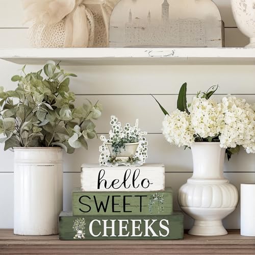 Cinnvoice 4 Pcs Eucalyptus Bathroom Decor Farmhouse Bathroom Decoration Hello Sweet Cheeks Table Centerpiece Gift for Christmas Valentines Back to School - style: Eucalyptus Hello Sweet Cheeks