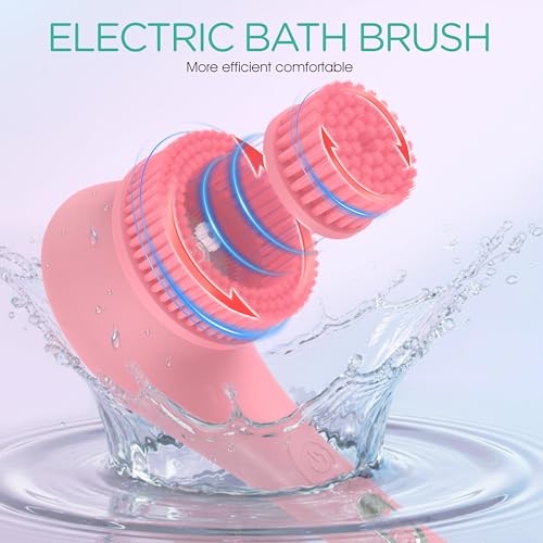 VOYOR Electric Body Brush Back Scrubber Silicone Body Scrubber Two-Way Rotating Brush Head for Deep Cleaning, Exfoliation, 4 Attachments Long Handle IPX6 Rechargeable Shower Brush BC300 (Pink) - color: Pink