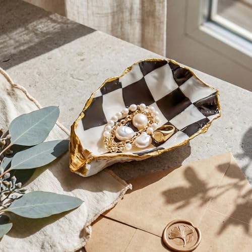 Natural Oyster Ring Trinket Dish Vintage Jewelry Tray for Keys Small Jewelry Holder for Bridal Shower Favors Friends Sisters Daughter Mother Gift Seaside Decor(Checkered) - style: Checkered