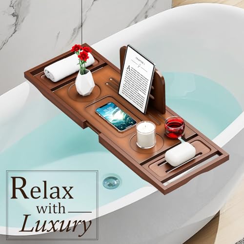 Premium Bamboo Bathtub Tray Caddy - Bath Tub Tray Table for Bathtub - Bath Caddy Tray for Bathtub, Expandable Size, Fits Most Bath Tubs - color: Walnut