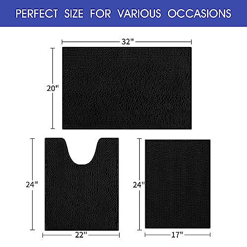 ACCUMTEK Striped Black Bathroom Rug Set 3 Pieces Ultra Soft, Non Slip Chenille Toilet Mat, Absorbent Plush Shaggy Bath Mats for Bathroom, Bedroom, Kitchen - color: Black, size: 2'8"x1'8"+2'×1'5"+U Shape 2'x1'8"