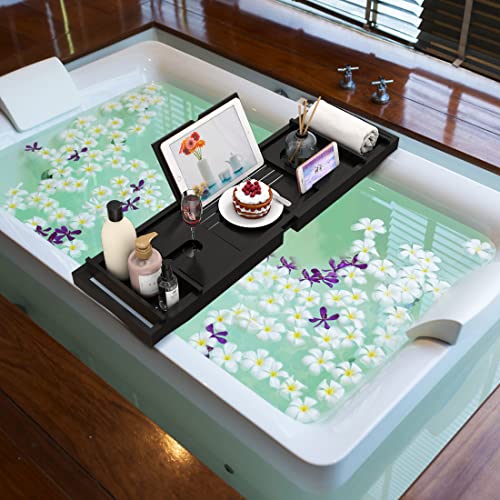 Bamboo Bathtub Tray for Luxury Bathroom, Expandable Premium Bath Tray w/Soap Towel Book Holder, Adjustable Bath Accessories for Tub,Extendable Tub Tray with Wine Glass Cup Organizer 29.5"-43.3" Black - color: Black