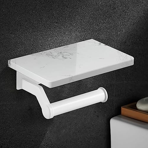 Hoimpro White Aluminum Toilet Paper Holder with White Natural Marble Shelf, Wall Mounted Tissue Hand Paper Roll Storage Holder for Bathroom Kitchen Washroom Bedroom - color: White