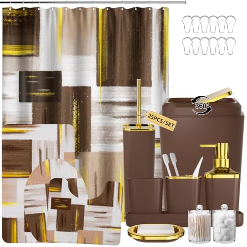 XLHOMO Bathroom Set - Brown Bathroom Accessories Set, Bathroom Sets with Shower Curtain and Rugs, Brown Shower Curtain Set with Bathroom Trash Can, Soap Dispenser, Soap Dish for Home Decor - color: Plaid Brown & Gold, size: Complete Set + Bath Rugs