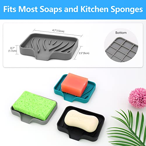 AIMAIAIMAI 3-Pack Silicone Soap Dish Set – Bar Soap Holder with Self-Draining Design, Easy-Clean Tray for Shower, Bathroom, Kitchen, and Tub - color: Black & Grey & Teal