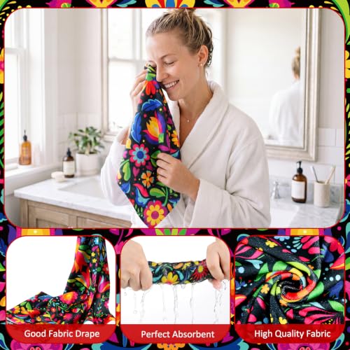 FuWeave 8 Pcs Mexico Floral Shower Curtain Set for Bathroom Decor Include Mexican Folk Art Floral Bird Shower Curtain Towels Non Slip Rugs Toilet Lid Cover Colorful Bohemian Bath Mat and 12 Hooks - color: Mexico Floral