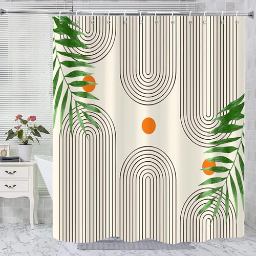Boho Mid Century Modern Shower Curtain, Abstract Arch Leaf Minimalist Sun Beige Machine Washable Waterproof Fabric for Bathroom Bathtub with Hooks 72x72 - color: Beige Boho Leaves, size: 72"W x 72"L (Pack of 1)